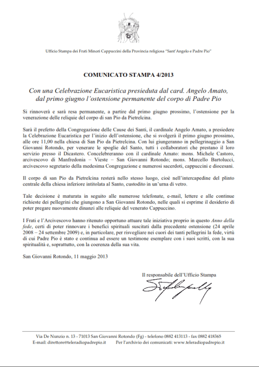 comunicato Padre Pio